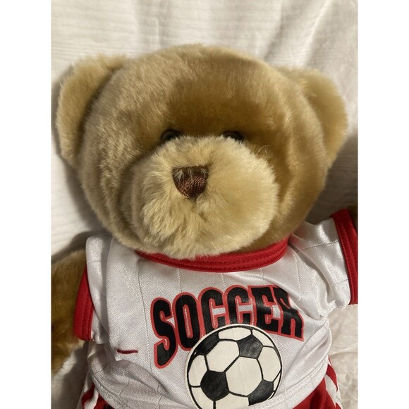 Build A Bear Plush Stuffed Brown Teddy Bear Soccer Shirt Shorts Shin Guards Red - Picture 2 of 11